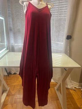 Italian Flowy Red Spaghetti Strap Long Romper